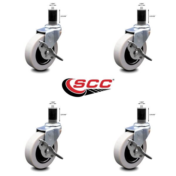 3 Inch Thermoplastic Wheel 1-3/4 Inch Expanding Stem Caster with Brakes, 4PK